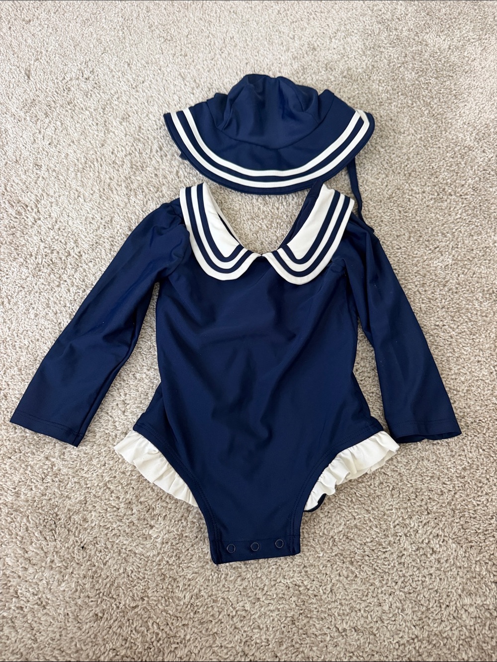 Navy Sailor Long‑Sleeve Kids Swim One‑Piece with Sun Hat